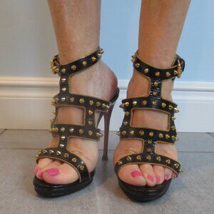 CHRISTIAN LOUBOUTIN Black and Gold Stud and Chain High Heel Sandals